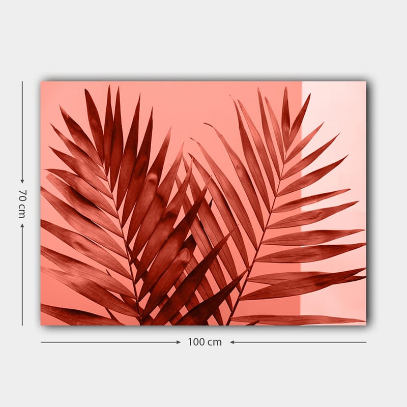 Lerretsbilde 70x100 cm - Mørke palmeblader mot en lys korallbakgrunn - Mørk rød / Korall - Innredning - Bilder & kunst - Lerretsbilder