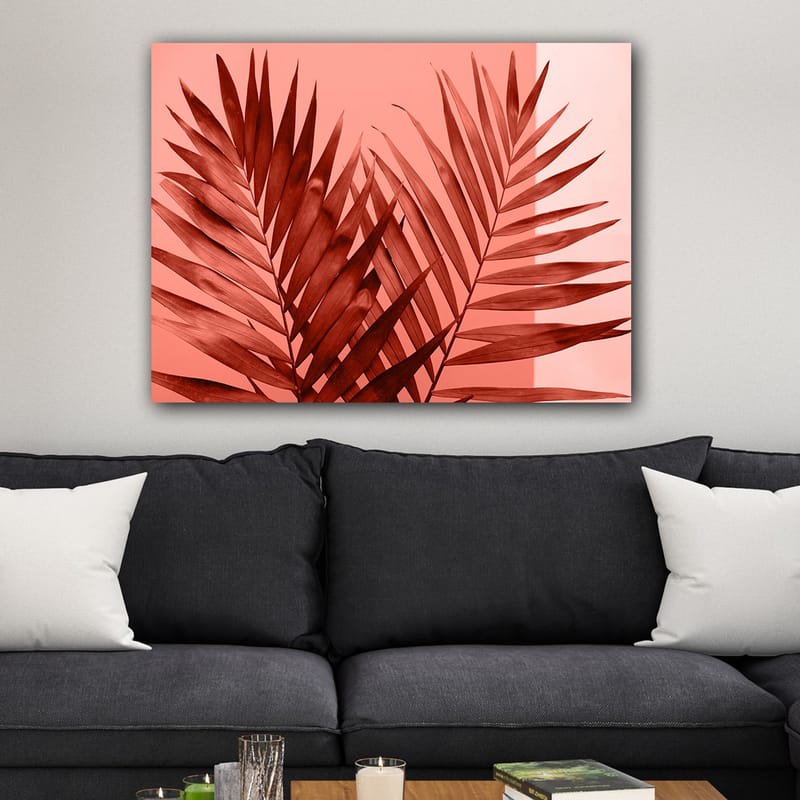 Lerretsbilde 70x100 cm - Mørke palmeblader mot en lys korallbakgrunn - Mørk rød / Korall - Innredning - Bilder & kunst - Lerretsbilder