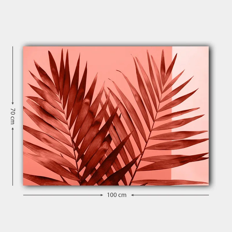 Lerretsbilde 70x100 cm - Mørke palmeblader mot en lys korallbakgrunn - Mørk rød / Korall - Innredning - Bilder & kunst - Lerretsbilder