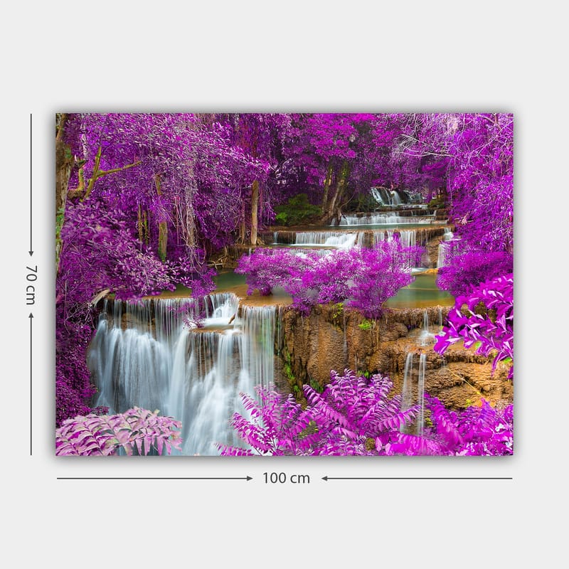Lerretsbilde 70x100 cm - Magisk fossefall omgitt av lilla blomster og grøntområder - Lilla / Grønn / Hvit - Innredning - Bilder & kunst - Lerretsbilder
