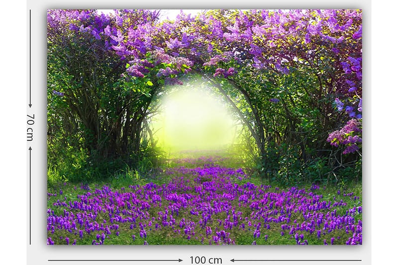 Lerretsbilde 70x100 cm - Magisk hage med lilla blomster som fører inn i en lys tunnel av grøntområder - Lilla / Grønn / Gul - Innredning - Bilder & kunst - Lerretsbilder