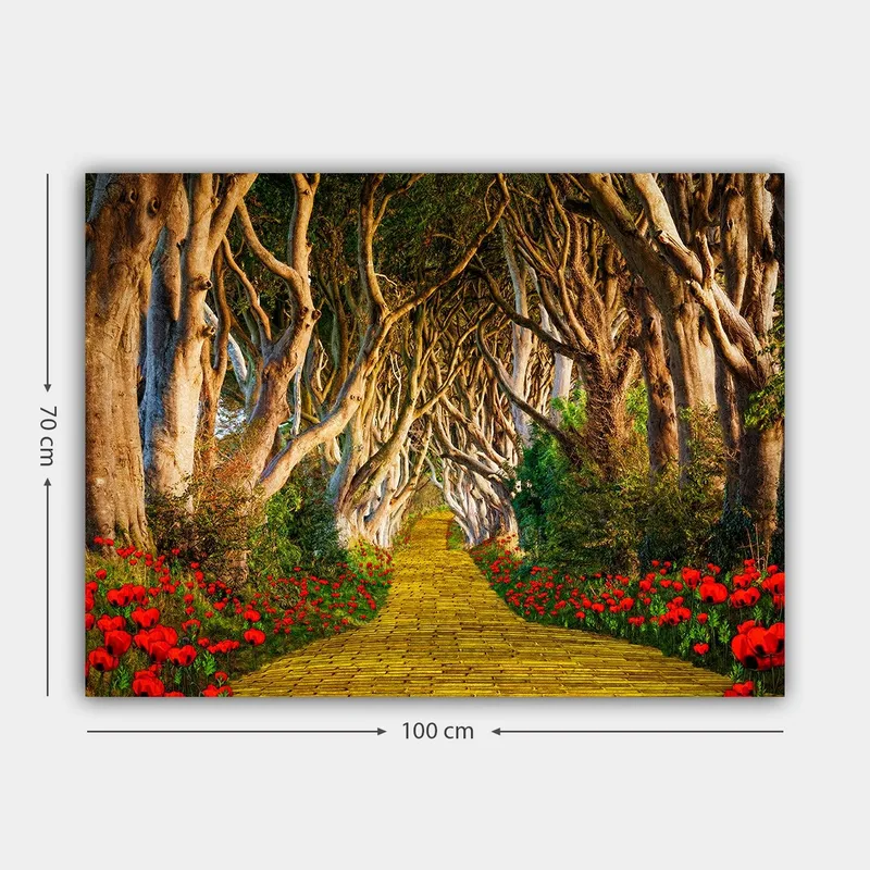 Lerretsbilde 70x100 cm - Magisk sti omkranset av blomster som fører gjennom en tunnel av trær - Gul / Grønn / Rød - Innredning - Bilder & kunst - Lerretsbilder