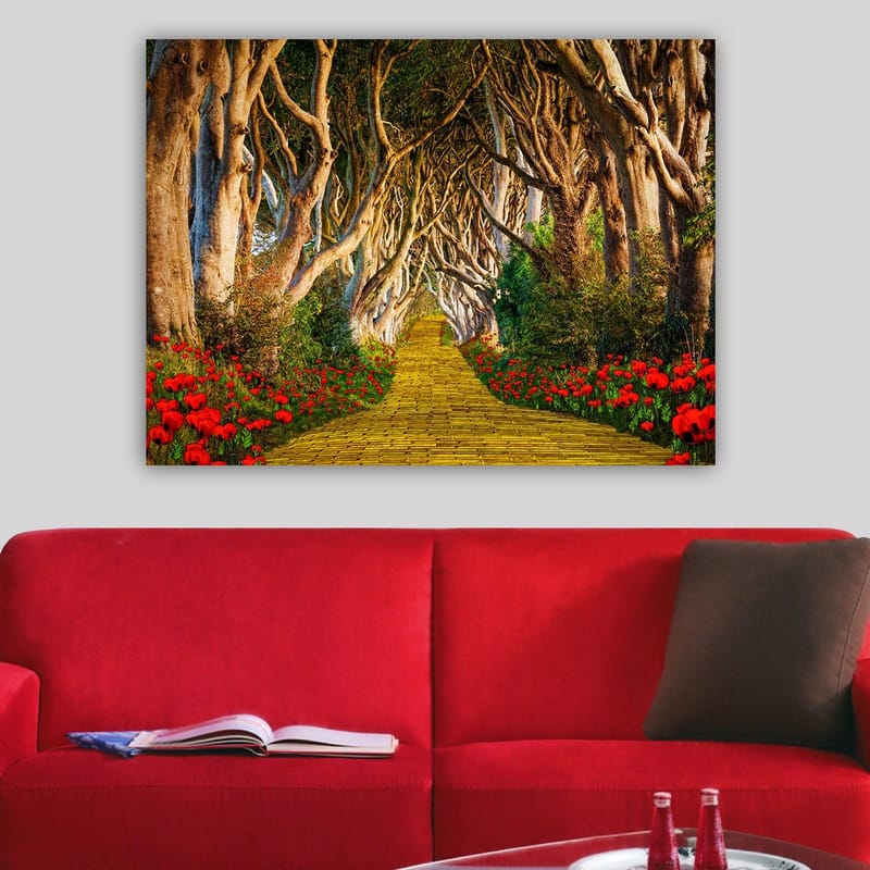 Lerretsbilde 70x100 cm - Magisk sti omkranset av blomster som fører gjennom en tunnel av trær - Gul / Grønn / Rød - Innredning - Bilder & kunst - Lerretsbilder