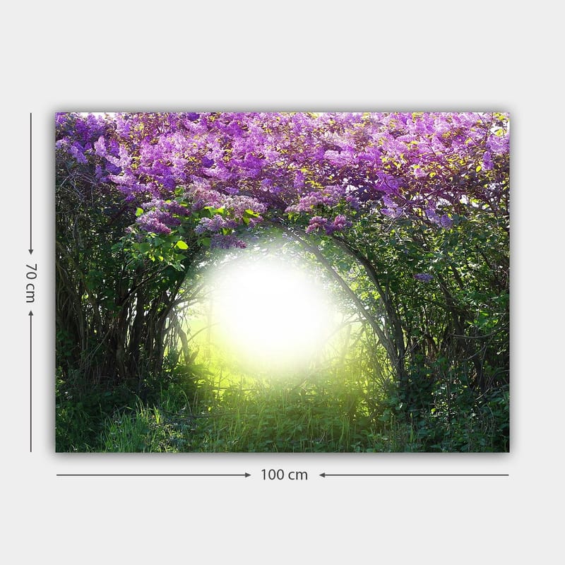 Lerretsbilde 70x100 cm - Magisk portal omgitt av lilla blomster og grøntområder - Lilla / Grønn / Hvit - Innredning - Bilder & kunst - Lerretsbilder
