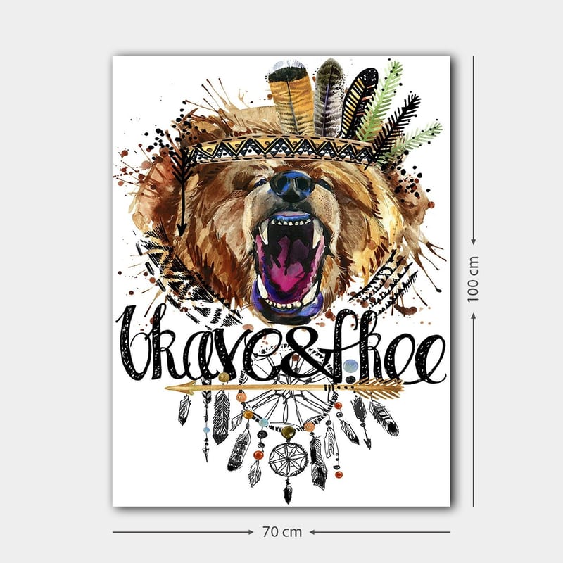 Lerretsbilde 70x100 cm - Majestetisk bjørnehode med fargerik fjærkrans og dekorative detaljer - Brun / Svart / Oransje - Innredning - Bilder & kunst - Lerretsbilder