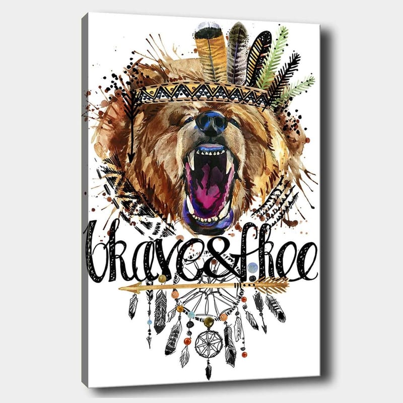 Lerretsbilde 70x100 cm - Majestetisk bjørnehode med fargerik fjærkrans og dekorative detaljer - Brun / Svart / Oransje - Innredning - Bilder & kunst - Lerretsbilder