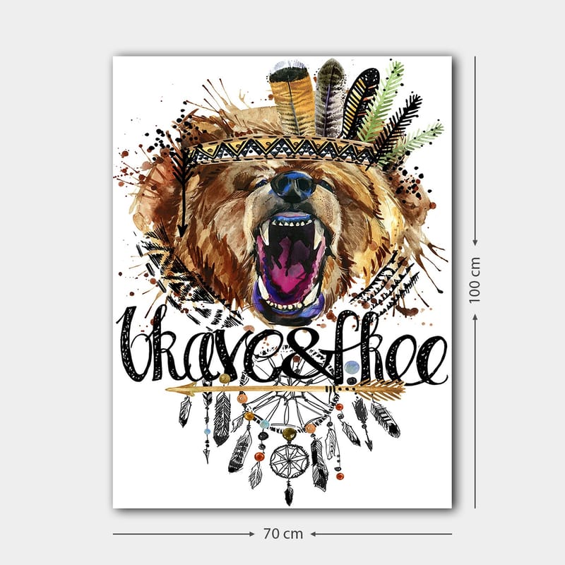 Lerretsbilde 70x100 cm - Majestetisk bjørnehode med fargerik fjærkrans og dekorative detaljer - Brun / Svart / Oransje - Innredning - Bilder & kunst - Lerretsbilder