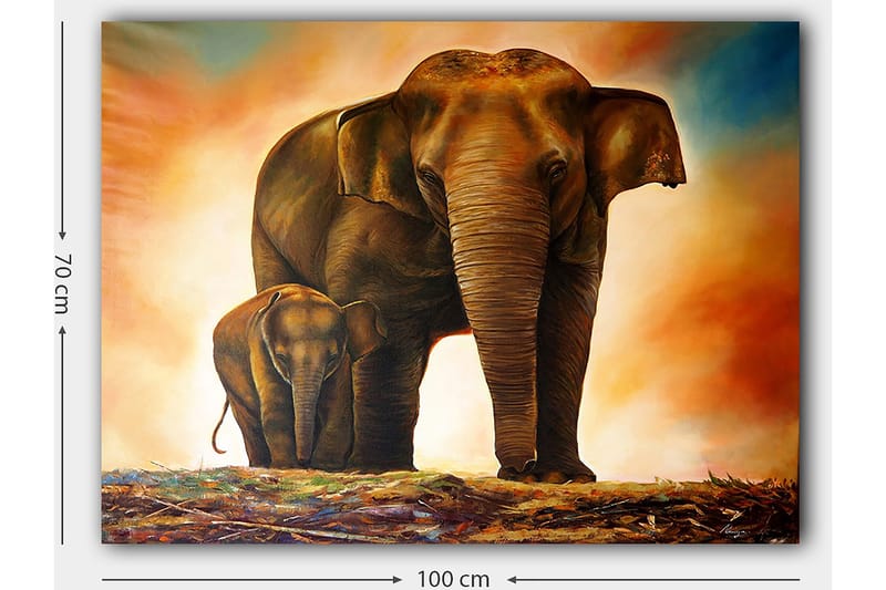 Lerretsbilde 70x100 cm - Majestetisk elefant med kalven sin i et varmt og fargerikt miljø - Brun / Oransje / Beige - Innredning - Bilder & kunst - Lerretsbilder