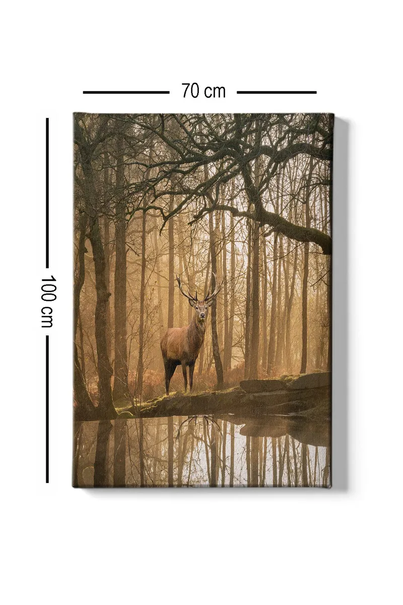 Lerretsbilde 70x100 cm - Majestetisk elg står ved en speilblank innsjø omgitt av tåkete skoger - Brun / Gull / Grønn - Innredning - Bilder & kunst - Lerretsbilder