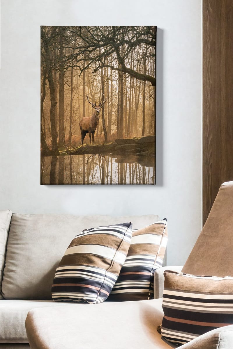 Lerretsbilde 70x100 cm - Majestetisk elg står ved en speilblank innsjø omgitt av tåkete skoger - Brun / Gull / Grønn - Innredning - Bilder & kunst - Lerretsbilder