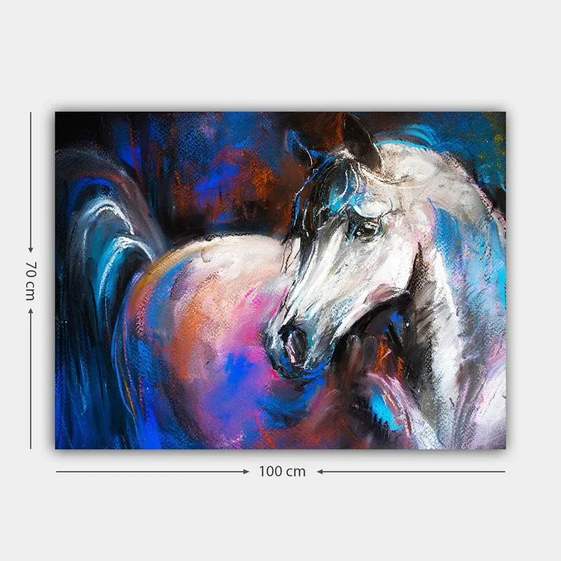 Lerretsbilde 70x100 cm - Majestetisk hvit hest med fargerike detaljer i bakgrunnen - Hvit / Blå / Rosa - Innredning - Bilder & kunst - Lerretsbilder