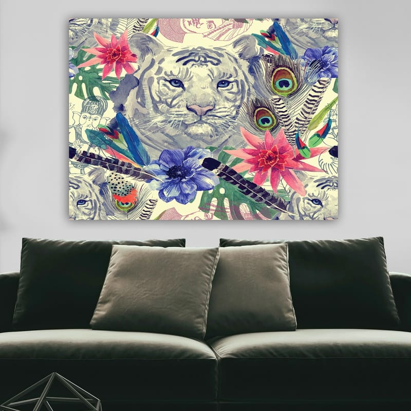Lerretsbilde 70x100 cm - Majestetisk hvit tiger omgitt av fargerike blomster og fjær - Hvit / Grønn / Rosa - Innredning - Bilder & kunst - Lerretsbilder