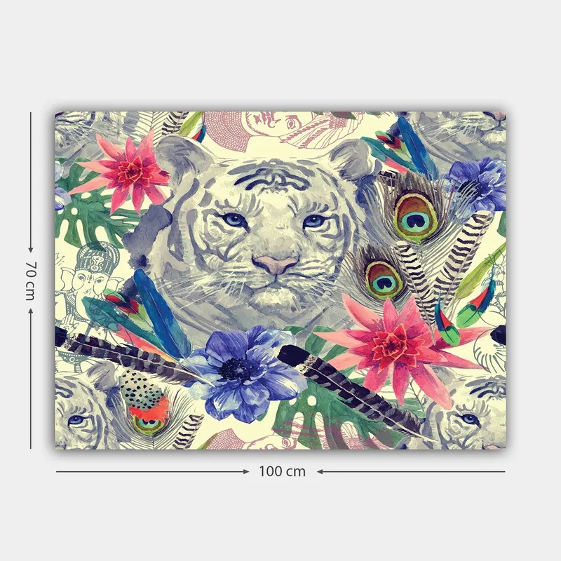 Lerretsbilde 70x100 cm - Majestetisk hvit tiger omgitt av fargerike blomster og fjær - Hvit / Grønn / Rosa - Innredning - Bilder & kunst - Lerretsbilder