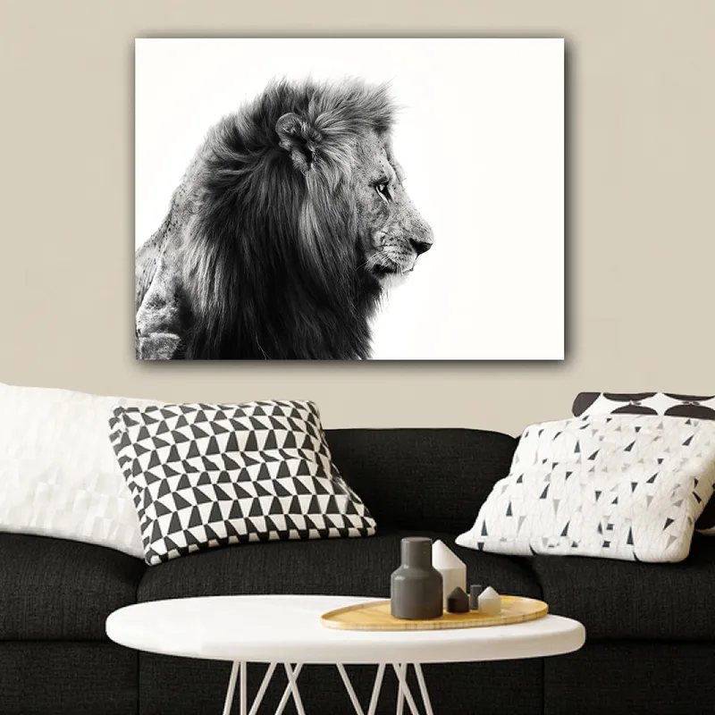 Lerretsbilde 70x100 cm - Majestetisk løveprofil i svart-hvitt som utstråler styrke og eleganse - Svart / Hvit - Innredning - Bilder & kunst - Lerretsbilder