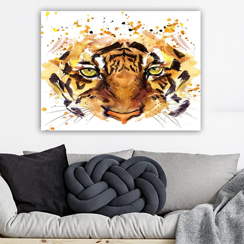 Lerretsbilde 70x100 cm - Majestetisk tiger med intense øyne og kraftige ansiktstrekk - Oransje / Brun / Gullfarget - Innredning - Bilder & kunst - Lerretsbilder