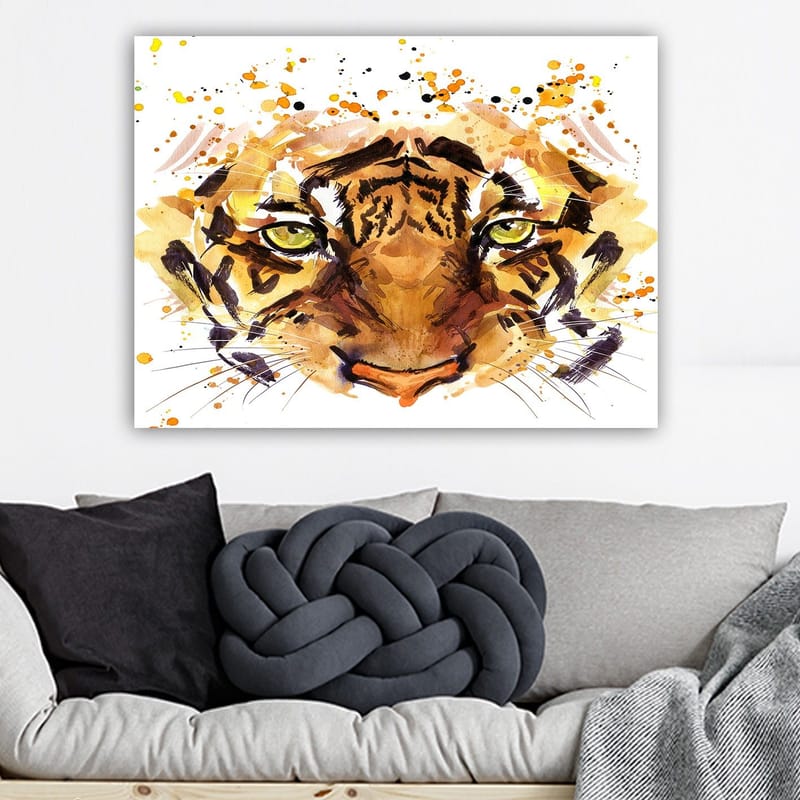 Lerretsbilde 70x100 cm - Majestetisk tiger med intense øyne og kraftige ansiktstrekk - Oransje / Brun / Gullfarget - Innredning - Bilder & kunst - Lerretsbilder