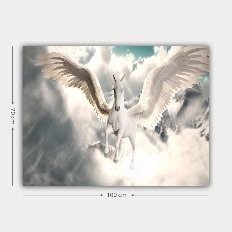 Lerretsbilde 70x100 cm - Majestetisk vinget enhjørning som svever gjennom skyene - Hvit / Lys blå / Grå - Innredning - Bilder & kunst - Lerretsbilder