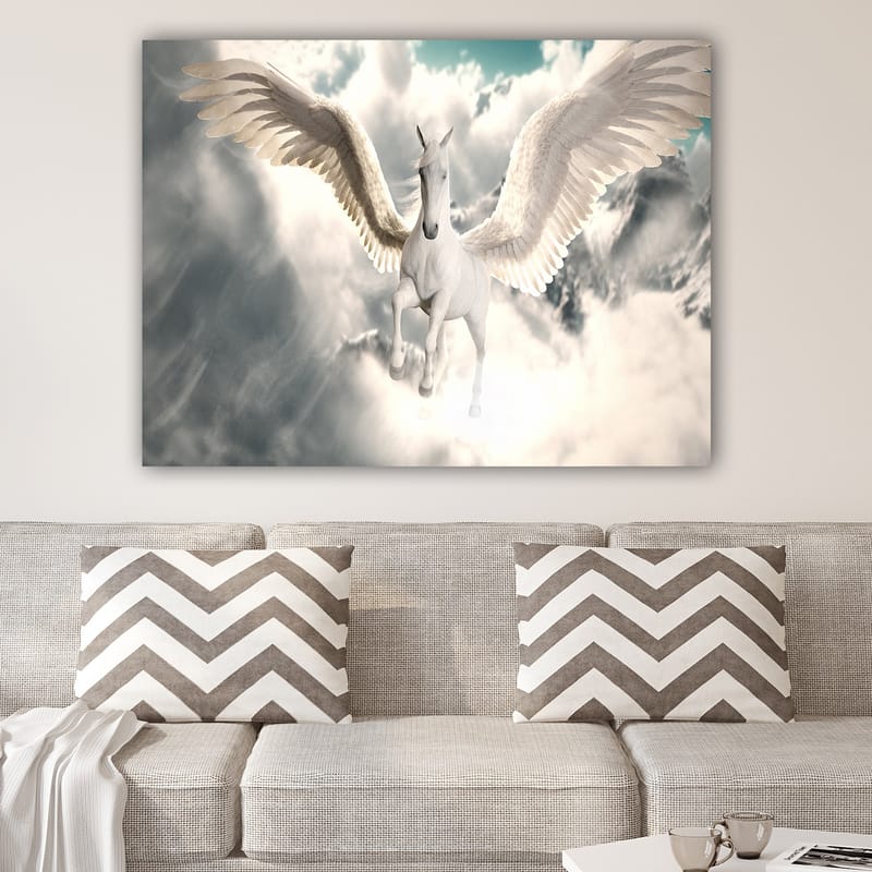 Lerretsbilde 70x100 cm - Majestetisk vinget enhjørning som svever gjennom skyene - Hvit / Lys blå / Grå - Innredning - Bilder & kunst - Lerretsbilder