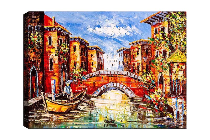 Lerretsbilde 70x100 cm - Malerisk kanal med fargerike bygninger og en båt som glir under en bro - Oransje / Blå / Grønn - Innredning - Bilder & kunst - Lerretsbilder