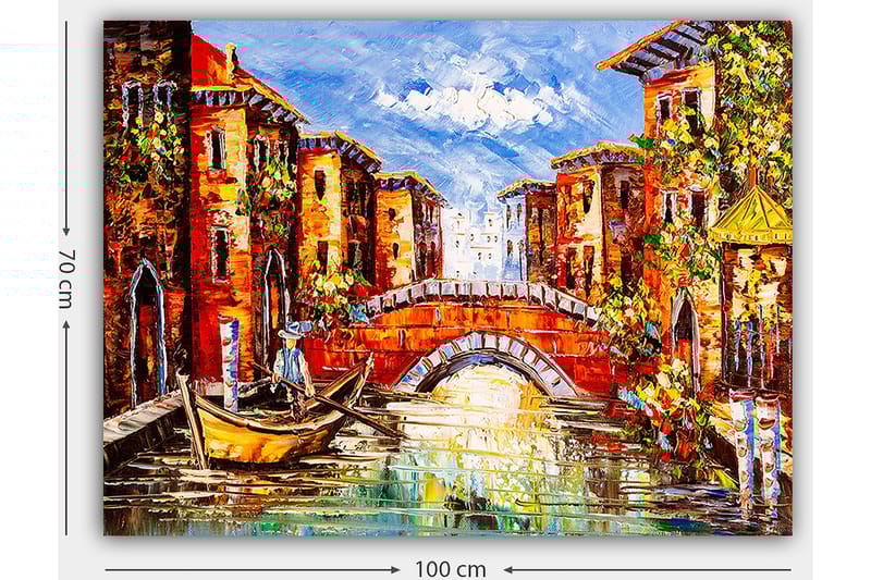 Lerretsbilde 70x100 cm - Malerisk kanal med fargerike bygninger og en båt som glir under en bro - Oransje / Blå / Grønn - Innredning - Bilder & kunst - Lerretsbilder