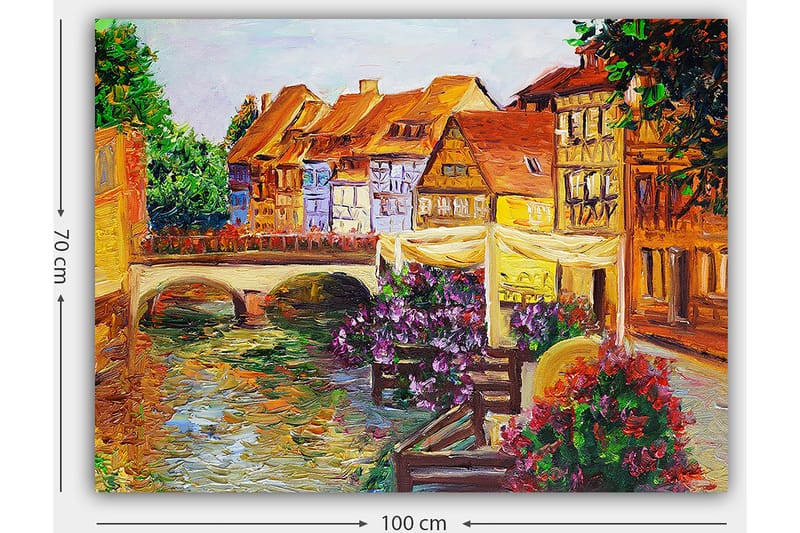 Lerretsbilde 70x100 cm - Malerisk kanal med fargerike hus og blomster som pryder kanten - Grønn / Lilla / Oransje - Innredning - Bilder & kunst - Lerretsbilder