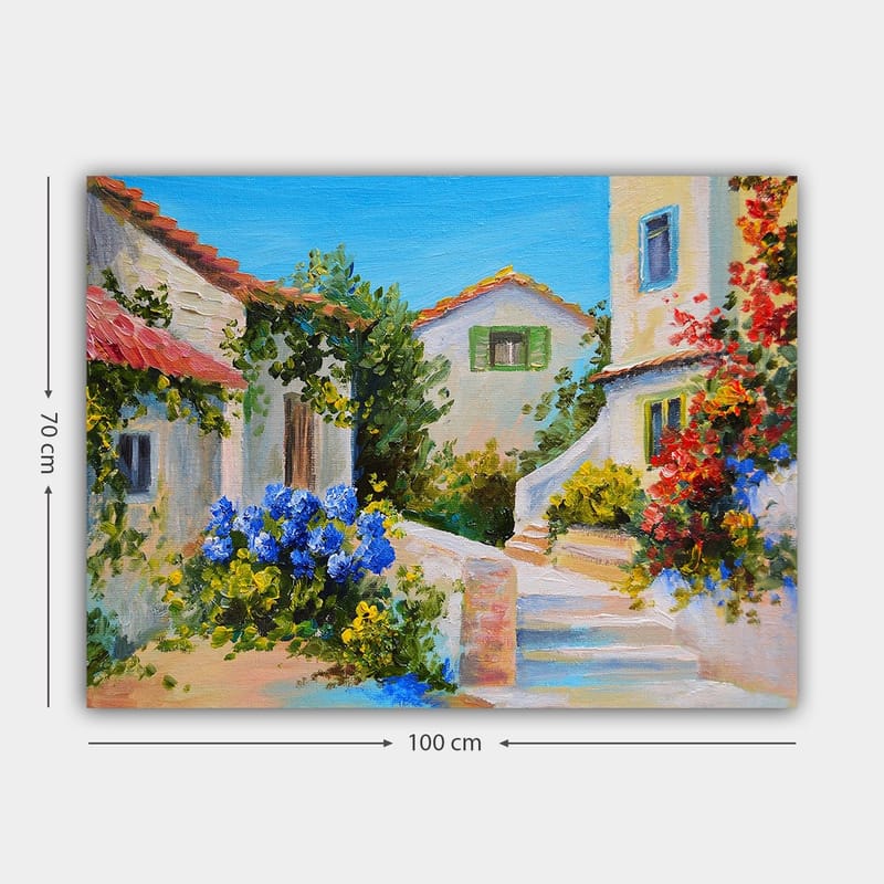 Lerretsbilde 70x100 cm - Malerisk landsbyscene med fargerike hus og blomstrende planter - Blå / Grønn / Gul - Innredning - Bilder & kunst - Lerretsbilder