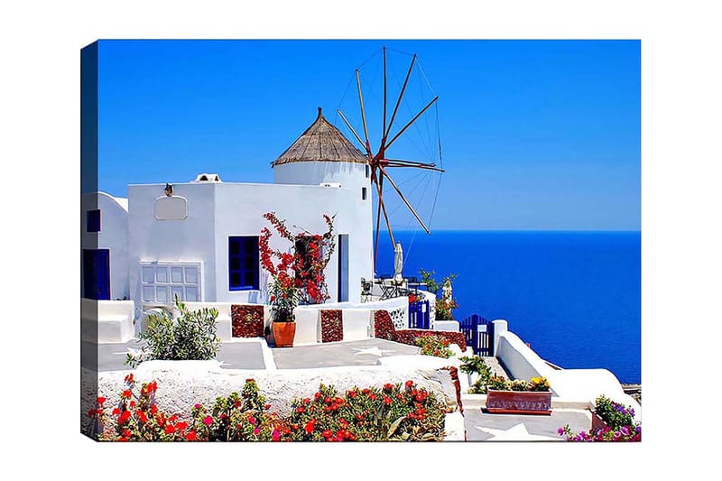 Lerretsbilde 70x100 cm - Malerisk utsikt over en hvitkalket bygning med en tradisjonell vindmølle og fargerike blomster på Santorini, Hvit / Blå / Rød