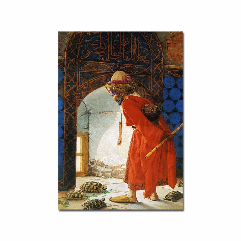 Lerretsbilde 70x100 cm - Mann i rød kappe står i en døråpning og ser på skilpadder på gulvet, Rød / Blå / Beige