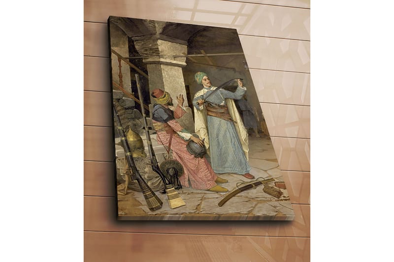 Lerretsbilde 70x100 cm - Mann i tradisjonelle klær viser frem et sverd mens en kvinne i fargerike klær ser interessert på - Blå / Rød / Grønn - Innredning - Bilder & kunst - Lerretsbilder