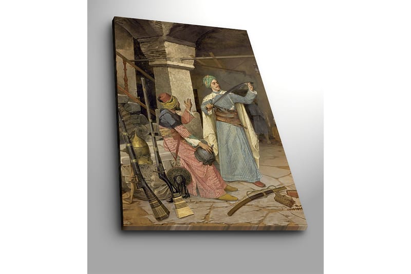 Lerretsbilde 70x100 cm - Mann i tradisjonelle klær viser frem et sverd mens en kvinne i fargerike klær ser interessert på - Blå / Rød / Grønn - Innredning - Bilder & kunst - Lerretsbilder