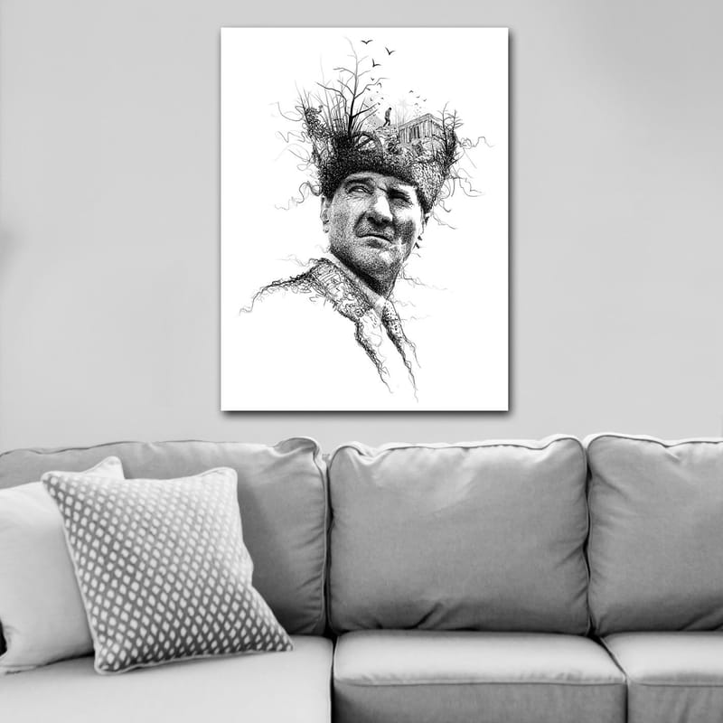 Lerretsbilde 70x100 cm - Mann med en kreativ og surrealistisk frisyre som forestiller trær og en bygning - Svart / Hvit - Innredning - Bilder & kunst - Lerretsbilder