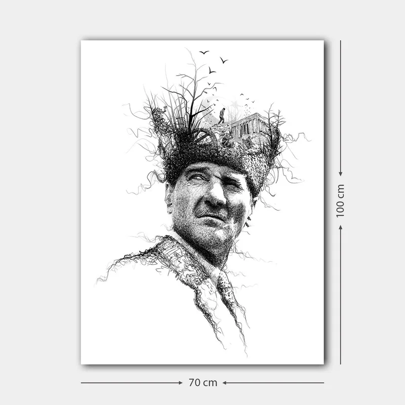 Lerretsbilde 70x100 cm - Mann med en kreativ og surrealistisk frisyre som forestiller trær og en bygning - Svart / Hvit - Innredning - Bilder & kunst - Lerretsbilder