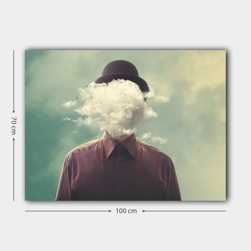Lerretsbilde 70x100 cm - Mann med hatt hvis ansikt er skjult av en skyformasjon - Mørk brun / Lys grå / Grønn - Innredning - Bilder & kunst - Lerretsbilder