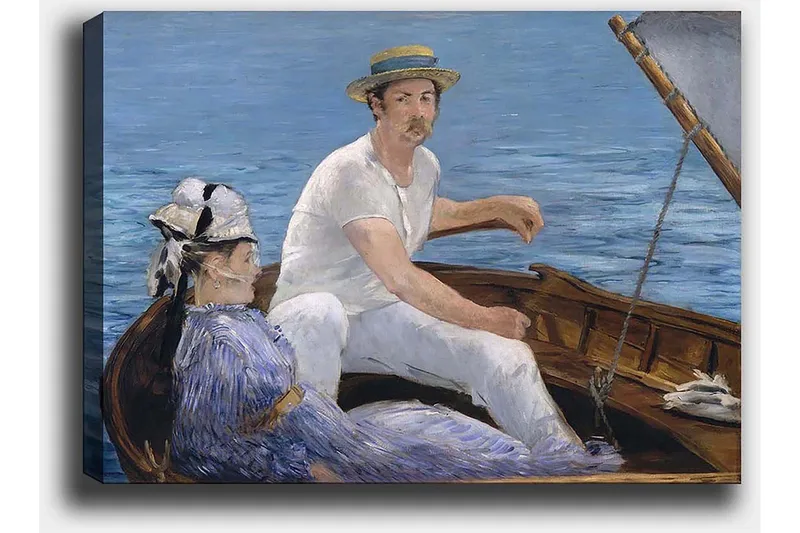 Lerretsbilde 70x100 cm - Mann og kvinne sitter i en båt på vannet, omgitt av en rolig og harmonisk atmosfære - Blå / Hvit / Brun - Innredning - Bilder & kunst - Lerretsbilder