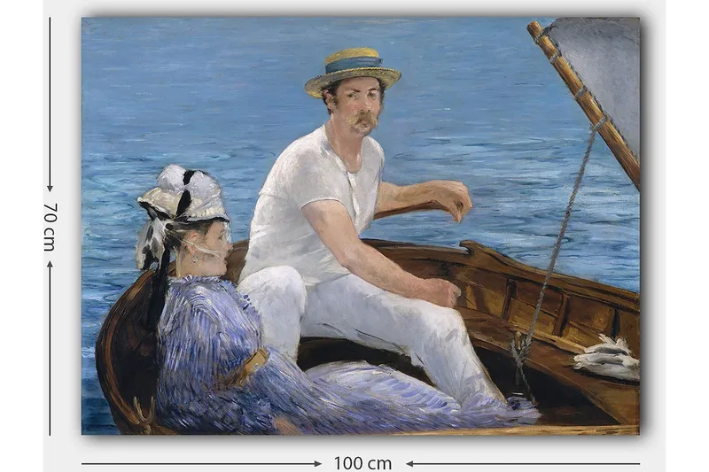 Lerretsbilde 70x100 cm - Mann og kvinne sitter i en båt på vannet, omgitt av en rolig og harmonisk atmosfære - Blå / Hvit / Brun - Innredning - Bilder & kunst - Lerretsbilder