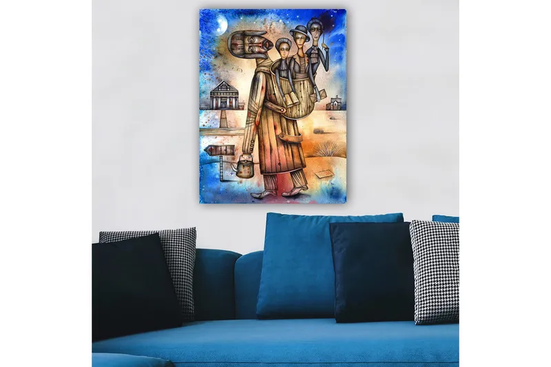 Lerretsbilde 70x100 cm - Mann som bærer en kvinne og et barn på ryggen, omgitt av et landskap med hus og et skilt - Blå / Brun / Beige - Innredning - Bilder & kunst - Lerretsbilder