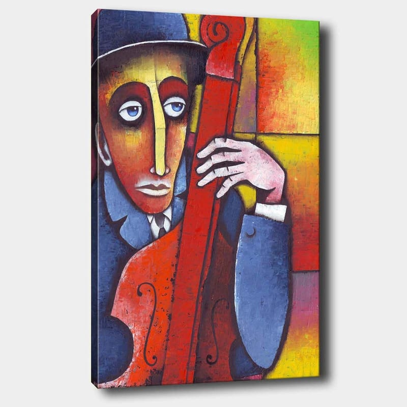 Lerretsbilde 70x100 cm - Mann som spiller et rødlig instrument med et melankolsk uttrykk, Rød / Blå / Gul