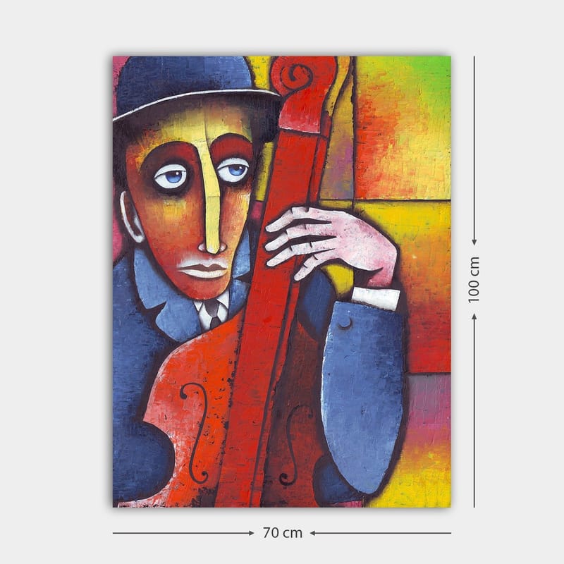 Lerretsbilde 70x100 cm - Mann som spiller et rødlig instrument med et melankolsk uttrykk - Rød / Blå / Gul - Innredning - Bilder & kunst - Lerretsbilder