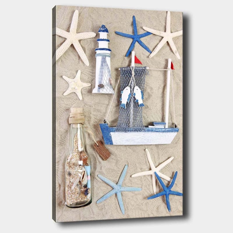 Lerretsbilde 70x100 cm - Maritim komposisjon med båt, fyr og sjøstjerne, Blå / Hvit / Beige