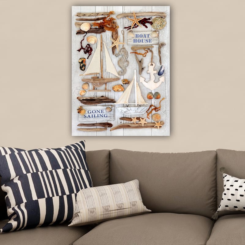 Lerretsbilde 70x100 cm - Maritim komposisjon med seilbåter, skjell og sjøstjerner som skaper en sommerlig atmosfære - Beige / Brun / Blå - Innredning - Bilder & kunst - Lerretsbilder