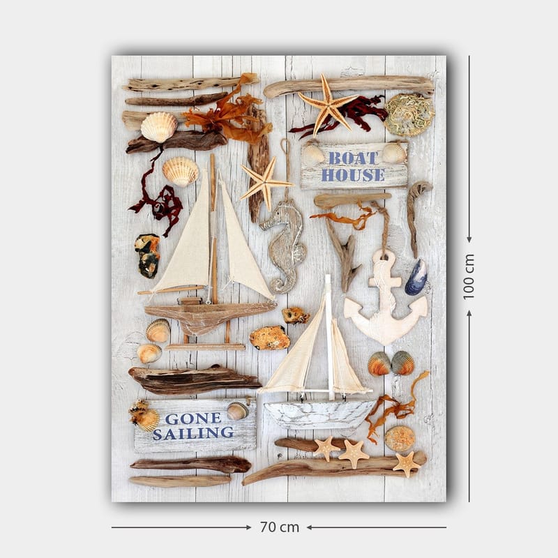 Lerretsbilde 70x100 cm - Maritim komposisjon med seilbåter, skjell og sjøstjerner som skaper en sommerlig atmosfære - Beige / Brun / Blå - Innredning - Bilder & kunst - Lerretsbilder