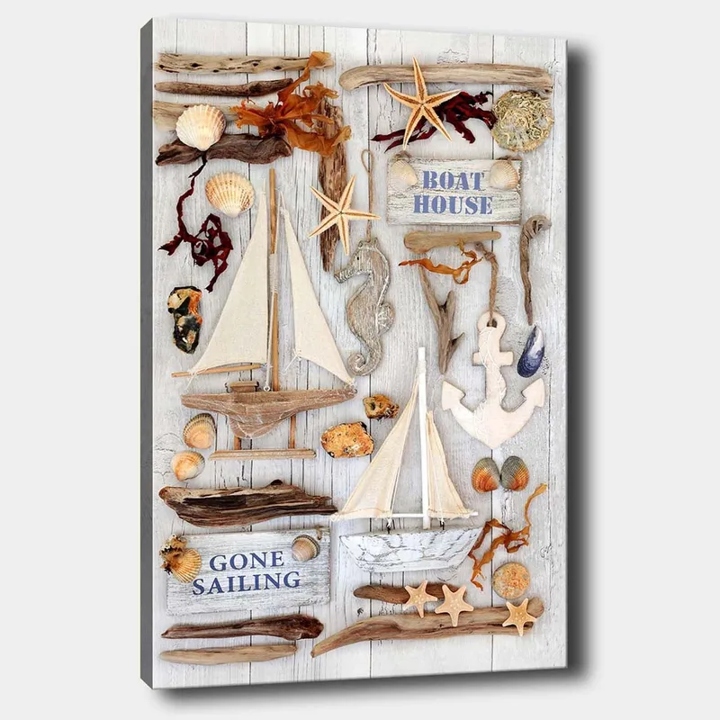 Lerretsbilde 70x100 cm - Maritim komposisjon med seilbåter, skjell og sjøstjerner som skaper en sommerlig atmosfære, Beige / Brun / Blå