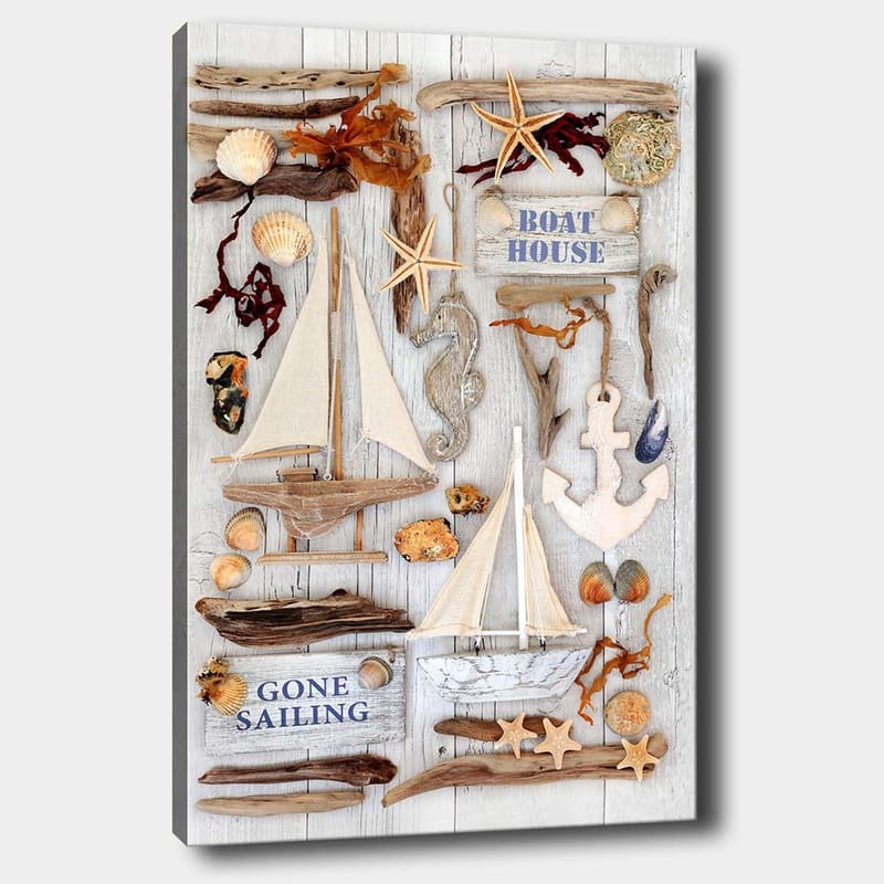 Lerretsbilde 70x100 cm - Maritim komposisjon med seilbåter, skjell og sjøstjerner som skaper en sommerlig atmosfære, Beige / Brun / Blå