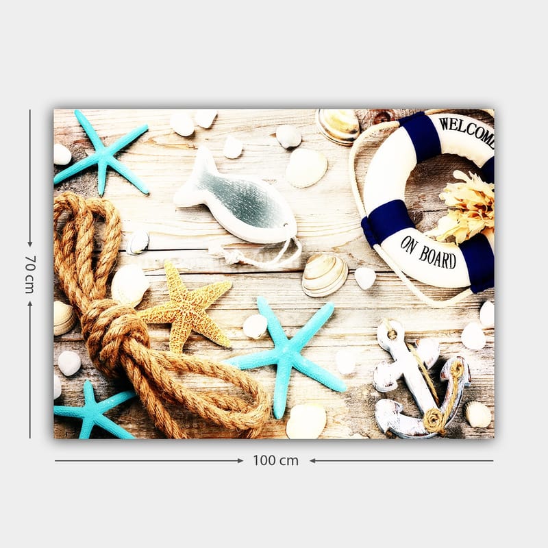 Lerretsbilde 70x100 cm - Maritim ro med sjøstjerner, skjell og en livbøye som skaper en sommerlig følelse - Turkis / Beige / Gul - Innredning - Bilder & kunst - Lerretsbilder