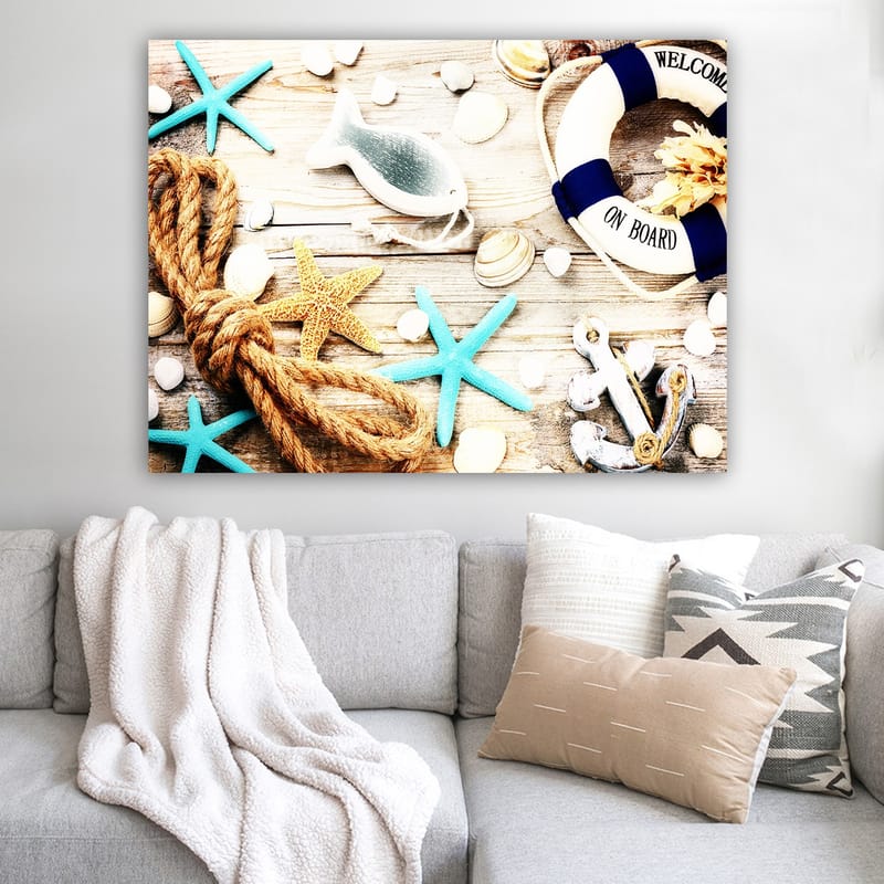 Lerretsbilde 70x100 cm - Maritim ro med sjøstjerner, skjell og en livbøye som skaper en sommerlig følelse - Turkis / Beige / Gul - Innredning - Bilder & kunst - Lerretsbilder