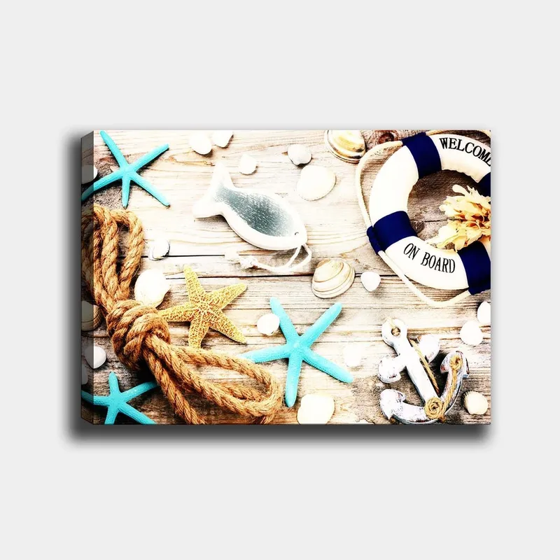 Lerretsbilde 70x100 cm - Maritim ro med sjøstjerner, skjell og en livbøye som skaper en sommerlig følelse, Turkis / Beige / Gul