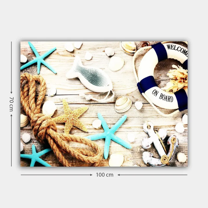 Lerretsbilde 70x100 cm - Maritim ro med sjøstjerner, skjell og en livbøye som skaper en sommerlig følelse - Turkis / Beige / Gul - Innredning - Bilder & kunst - Lerretsbilder