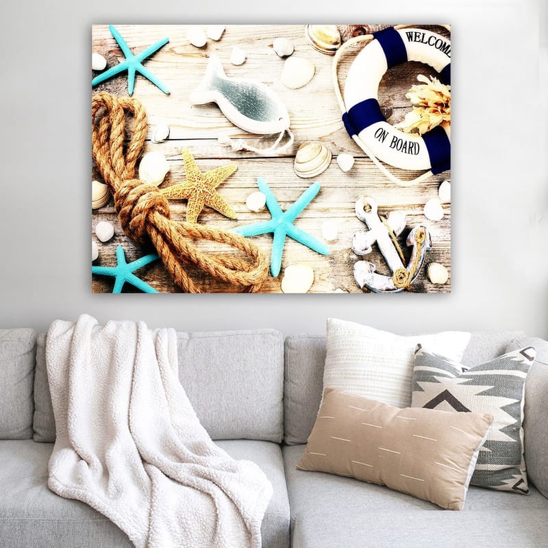 Lerretsbilde 70x100 cm - Maritim ro med sjøstjerner, skjell og en livbøye som skaper en sommerlig følelse - Turkis / Beige / Gul - Innredning - Bilder & kunst - Lerretsbilder