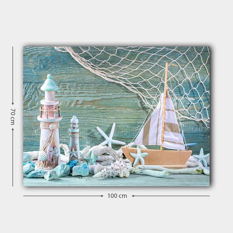 Lerretsbilde 70x100 cm - Maritim scene med seilbåt, fyr og sjøstjerne i strandomgivelser - Blå / Hvit / Beige - Innredning - Bilder & kunst - Lerretsbilder