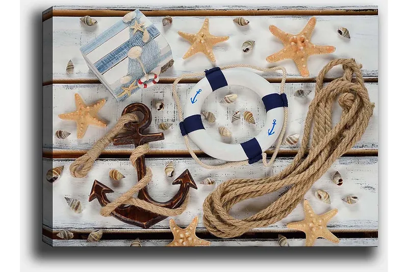 Lerretsbilde 70x100 cm - Maritimt stilleben med skjell, stjerneformet sjøstjerne og livbøye - Beige / Blå / Brun - Innredning - Bilder & kunst - Lerretsbilder